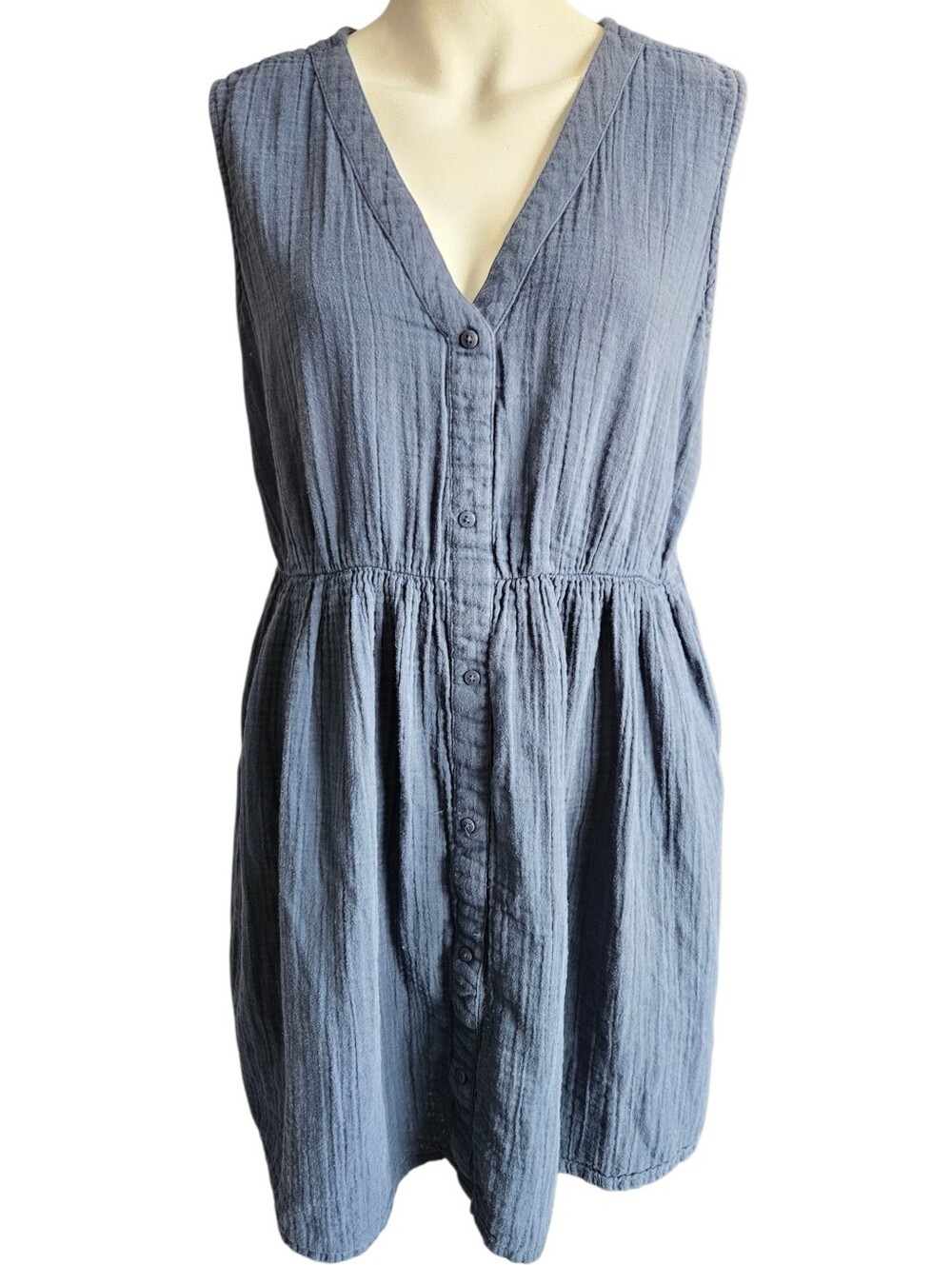 Pacr Sleeveless Blue Coastal Beach Mini Organic Cotton Gauze Dress Sz Lg Granola